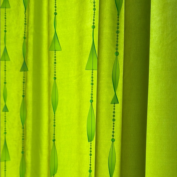 Chartreuse green velour drapes with aqua blue trim and accents - Picture 2 of 6